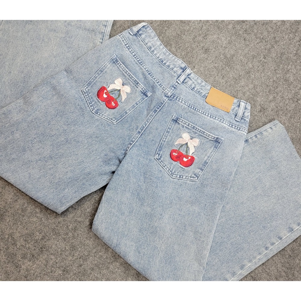 Aeropostale Womens Jeans Small Blue Cherry Embroidered Baggy Wide Leg Y2K Denim